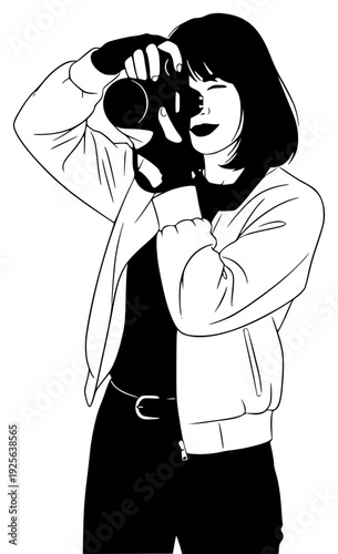 A stylized illustration of a woman taking a photo with a vintage camera, binocular, black, catch, girl, illustration, photo, photographer, picture, take, white, woman, against transparent background