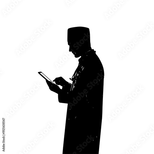  a smartphone, businessman, catch, clipboard, corridor, doorway, hallway, illustration, man, office building, profile, robe, stand, tablet, tablet computer, trench coat, against transparent background