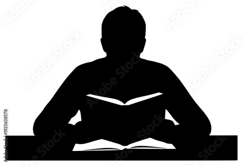 A silhouette of a person sitting at a desk, reading a book, black, book, boy, homework, man, person, profile, read, sit, table, against transparent background