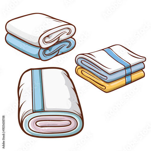 A neatly folded cartoon towels, featuring various colors and arrangements, ideal for depicting household comfort, bath essentials, or organized laundry in a cheerful graphic style