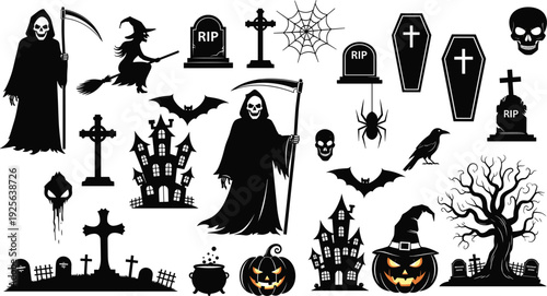 Halloween, spooky, horror, silhouette, grim, reaper, witch, pumpkin, skull, bat, cemetery, haunted, creepy, october, holiday, black, vector, illustration, set, collection