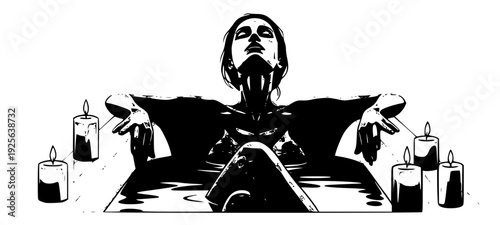 A black and white illustration of a woman submerged in a bathtub surrounded by candles, art, black, candle, illustration, man, person, against transparent background
