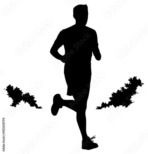 A silhouette of a man running with his hands on his hips, boy, jog, man, profile, run, runner, woman, against transparent background