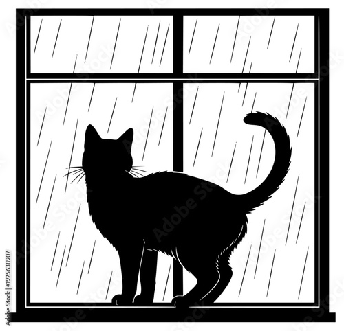 A silhouette of a cat standing in front of a window with rain falling outside, black, cat, illustration, profile, rain, sit, stand, stare, window, window sill, against transparent background