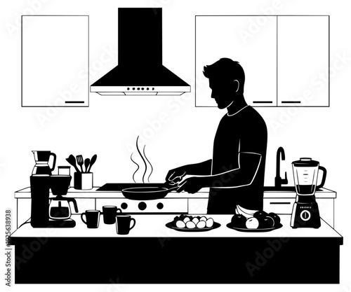 hood, food, frying pan, home appliance, illustration, kitchen, kitchen counter, kitchen utensil, kitchenware, man, pan, pancake, plate, profile, stand, steam, stir, wok, against transparent background