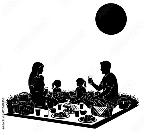 stration of a family having a picnic in the grass, beverage, blanket, child, drink, family, food, illustration, juice, park, person, picnic, picnic basket, profile, sit, against transparent background
