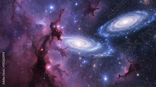 Two spiral galaxies in vast colorful cosmic nebula with stars