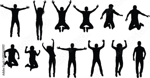 Jumping people silhouettes set, happy men and women jumping collection, black and white human figures, celebration, freedom, motion, isolated design