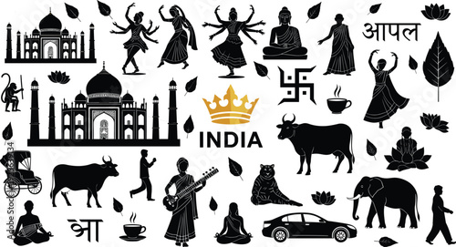 India, indian, silhouette, culture, tajmahal, temple, yoga, elephant, cow, tiger, dance, heritage, tradition, travel, asia, black, vector, illustration, set, collection