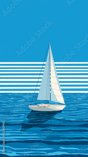 White Sailboat On Blue Ocean Minimal Illustration
