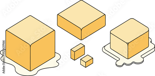 Butter or Cheese Block Vector Illustration Set with Isometric Cubes and Sliced Pieces on Melting Background for Dairy Product Design
