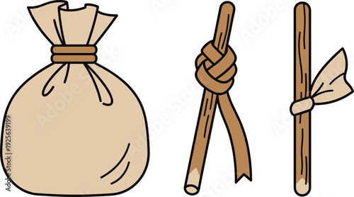 Canvas Sack and Wooden Stick Vector Illustration Set with Tied Fabric Bundles and Knot Icons for Travel and Rural Life Concept