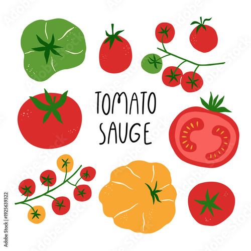 Flat vector illustration with fresh tomatoes and lettering - Tomato Sauce. Organic farm vegetables concept for kitchen decor, menu design, food packaging, recipe card or market branding.