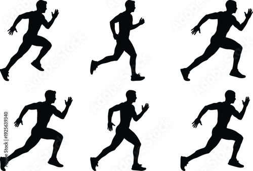 Silhouette sequence of a runner in various dynamic poses illustrating movement phases