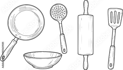 Hand drawn of kitchen utensils including frying pan bowl slotted spoon rolling pin and spatula