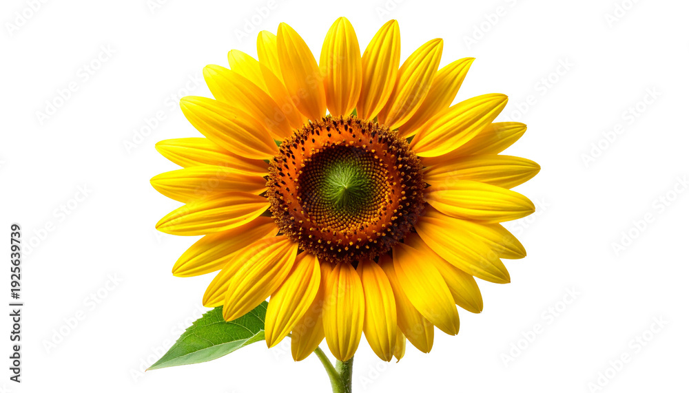 Fototapeta premium Macro photo of a beautiful blooming sunflower head with detailed petals and seeds. Natural floral object with stem and leaf isolated on a transparent background for easy design compositing.