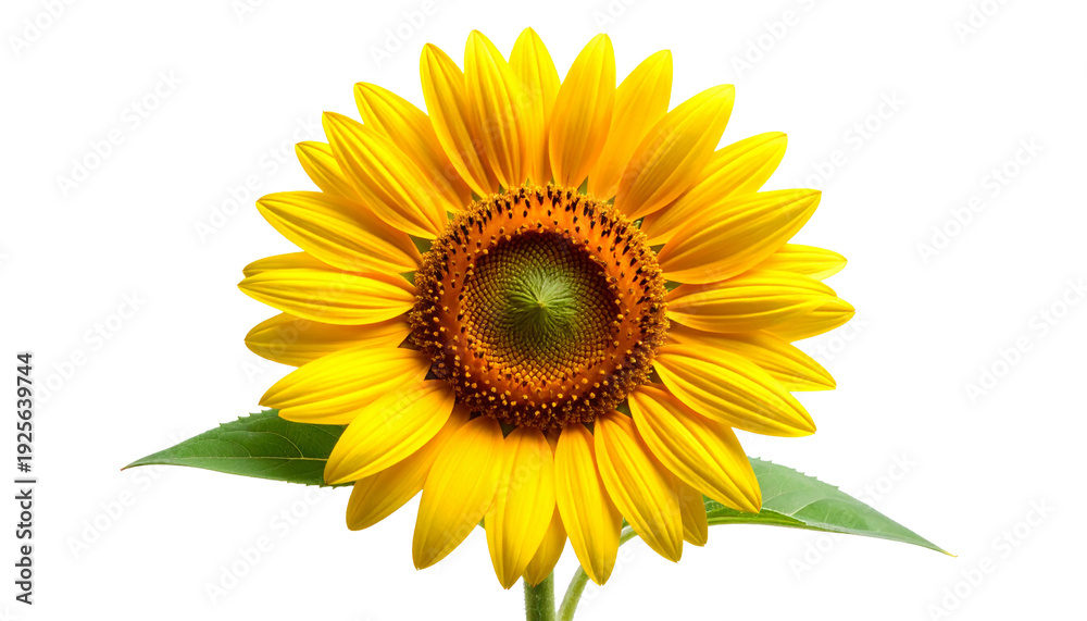 Fototapeta premium Beautiful bright yellow sunflower in full bloom with green leaves and stem, isolated on a transparent background. Detailed macro shot showing petals and seeds. Perfect for nature and summer themes.