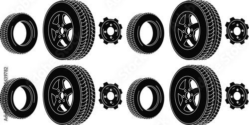 Car Tire and Alloy Wheel Vector Silhouette Set with Rubber Tyres Rims and Brake Disc Icons for Automotive and Garage Service Design