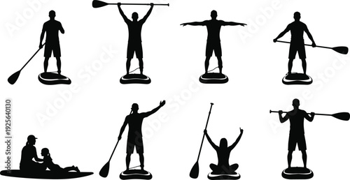 Paddleboard, silhouette, paddle, boarding, surfer, water, sport, balance, ocean, lake, activity, outdoor, adventure, fitness, recreation, black, vector, illustration, set, collection