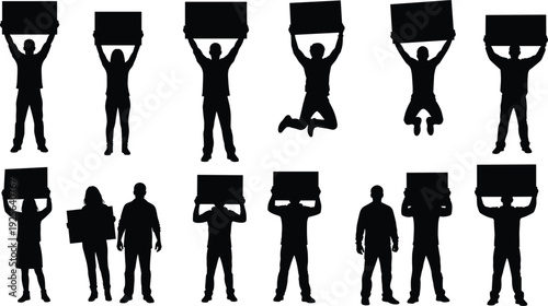 Protest, people, silhouette, banner, sign, demonstration, protester, crowd, activism, message, social, rally, movement, black, isolated, vector, illustration, set, collection, protest