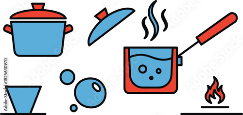 Cooking Pot and Boiling Water Vector Illustration Set with Blue Soup Pan Steam Bubbles and Fire Flame for Kitchen and Food Recipe