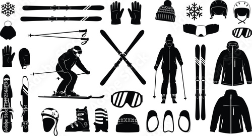 Ski, skiing, silhouette, winter, sport, snow, equipment, skier, snowboard, goggles, helmet, jacket, gloves, outdoor, black, isolated, vector, illustration, set, collection