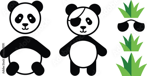 Cute Panda Character Vector Illustration Set with Pirate Eye Patch Sunglasses and Green Bamboo Grass Icons for Kids and Animal Design