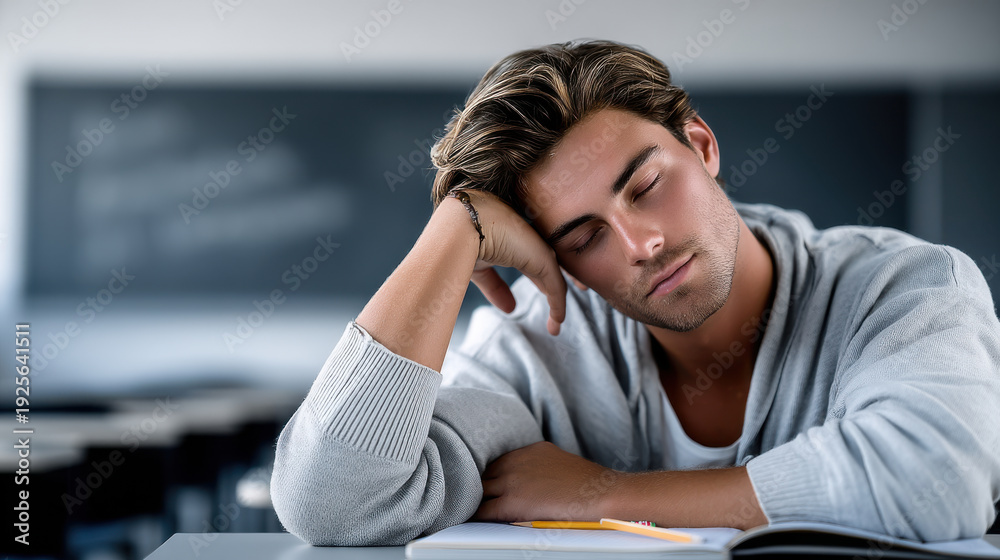 Fototapeta premium Young man sleeping at desk classroom, head resting on hand, casual clothing, peaceful expression, natural light, education