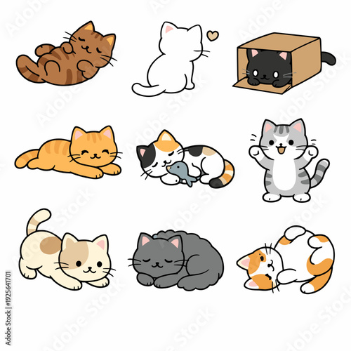 Cute cat pose set in a 3x3 grid: sleeping, stretching, hiding in box, sitting with heart, hugging a fish toy and cheering. Playful kawaii flat vector cartoon with bold outline on white.