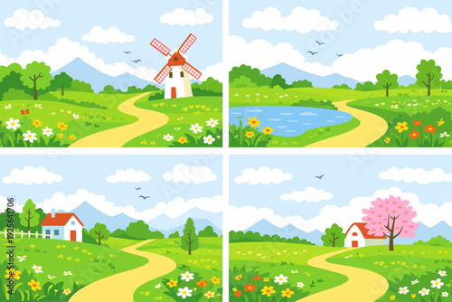 Bright countryside landscape set with windmill, pond, cottage, blooming tree, wildflowers and winding road under blue sky. Concept of rural spring, fresh air and relaxation.