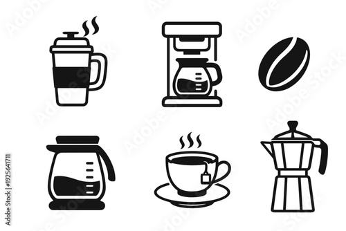 Coffee equipment icon set: travel mug, drip machine, coffee bean, glass carafe, cup and saucer, and moka pot. Minimal black outline collection for cafe UI and kitchen labels.