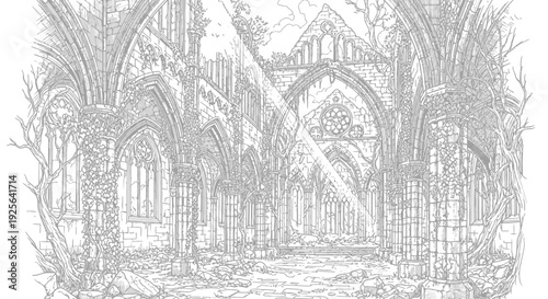 Detailed Line Art of Ancient Gothic Cathedral Ruins Overgrown by Nature, Historical Fantasy Drawing, Monochrome Engraving Style
