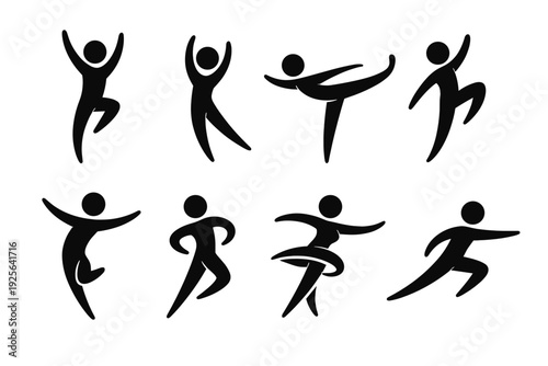 Black vector icon set of eight human silhouettes doing sports moves: sprinting, dancing, kicks and balance positions. Concept of performance, training, power and motion.