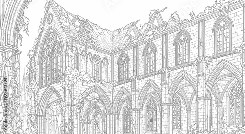 Detailed line drawing of historic Gothic church ruins. Ancient medieval cathedral architecture, weathered stone walls, old abbey illustration.