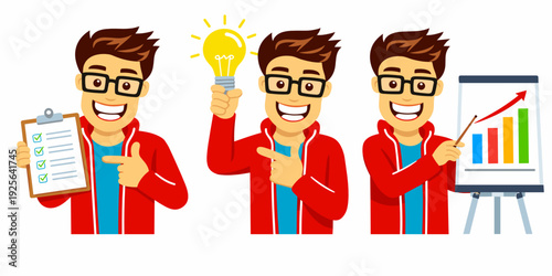 Smiling business character in red hoodie holding checklist clipboard, bright idea light bulb, and pointing at rising bar chart on flipchart. Planning and analytics concept.