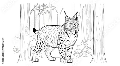 Detailed Lynx Line Art Illustration for Coloring Book Page. Wild Forest Animal Drawing for Kids and Adults.