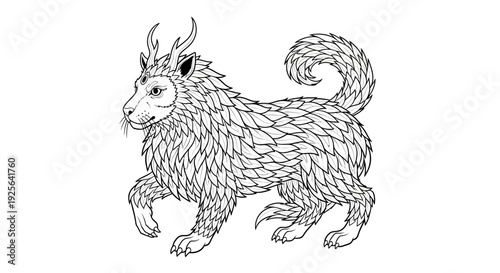 Intricate Mythical Beast Line Art Illustration with Horns and Scales, Fantasy Creature Isolated on White Background