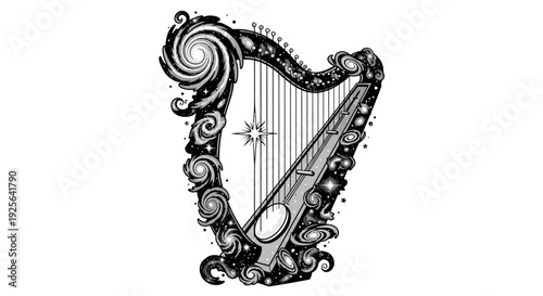 Mystical Galaxy Harp Illustration with Celestial Swirls and Stars. Abstract Musical Instrument Art in Black and White Sketch Style.