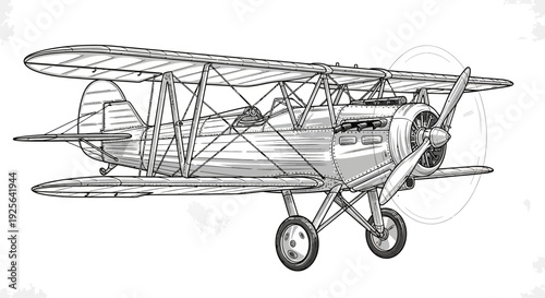 Detailed vintage biplane illustration, hand-drawn old airplane sketch. Retro biplane side view artwork for aviation history.