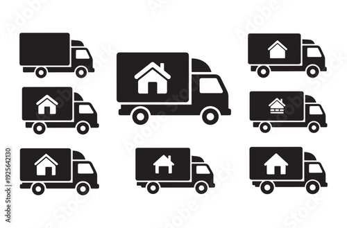 Black delivery truck icons with house symbols on side representing home moving services and real estate logistics on transparent background for transportation and shipping companies