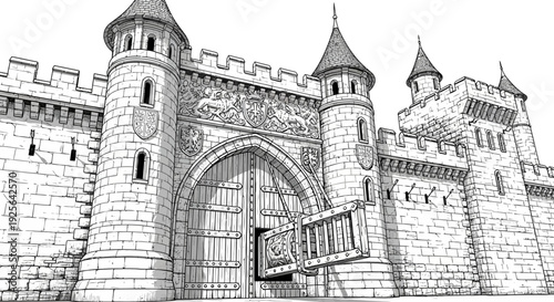 Detailed monochrome drawing of a grand medieval fantasy castle gatehouse with a lowered drawbridge and strong stone walls