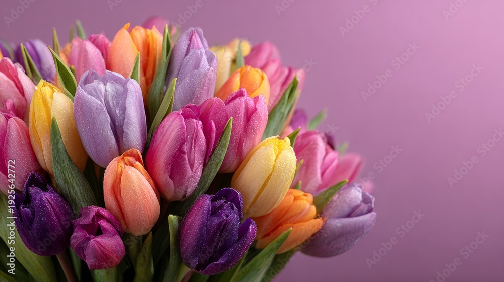Obraz premium Colorful bouquet of tulips in various shades against a purple background