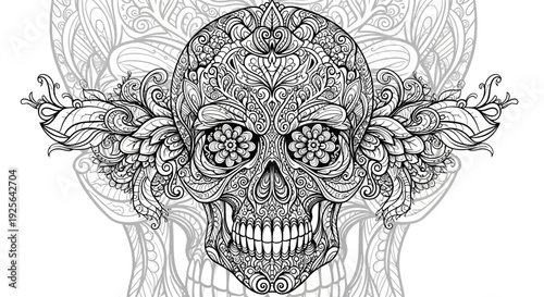 Ornate detailed skull illustration with intricate floral patterns and mandala designs in black and white, adult coloring page
