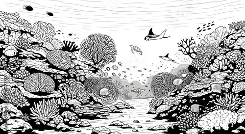 Black and White Line Art Illustration of a Vibrant Underwater Coral Reef Ecosystem with Diverse Marine Life and Fish