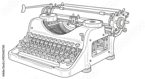 Vintage Typewriter Line Art Illustration. Retro Mechanical Device for Writing and Communication. Outline Drawing of an Old Office Tool.