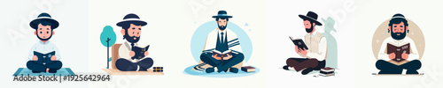 Minimalist Flat Illustration of Orthodox Jewish Men Reading and Studying Book