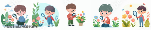 Cute Handdrawn Boy Observing Flower with Magnifying Glass Illustration Set