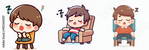 Cute Flat Cartoon Boy Sleeping on Chair Relaxation Illustration Set