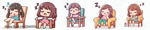 Cute Cartoon Style Group of Girl Sleeping on Chair Illustration