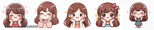 Adorable Kawaii Style Female Character with Hand on Chin Illustration Set